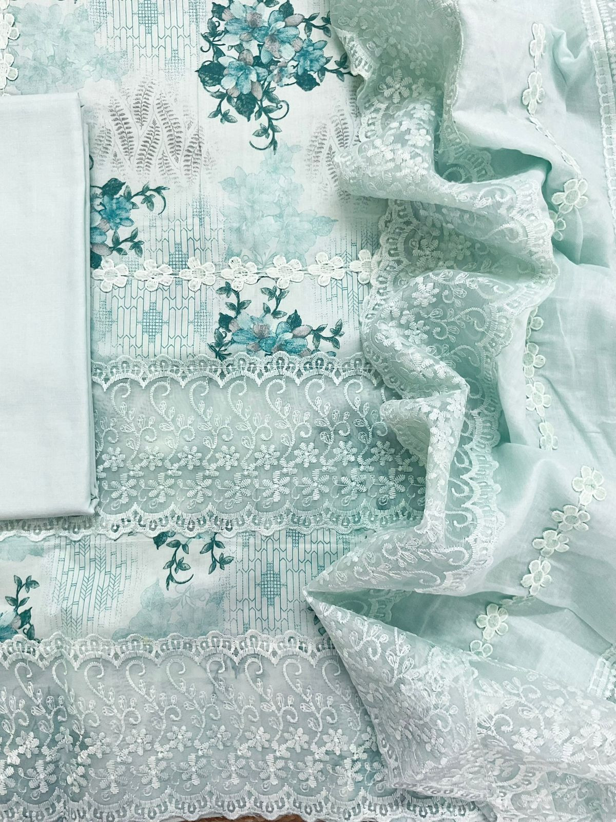 Pure Cotton Printed Embroidered Suit - Blue