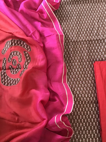 Image of Pure Chanderi Printed Embroidered Suit - Brown