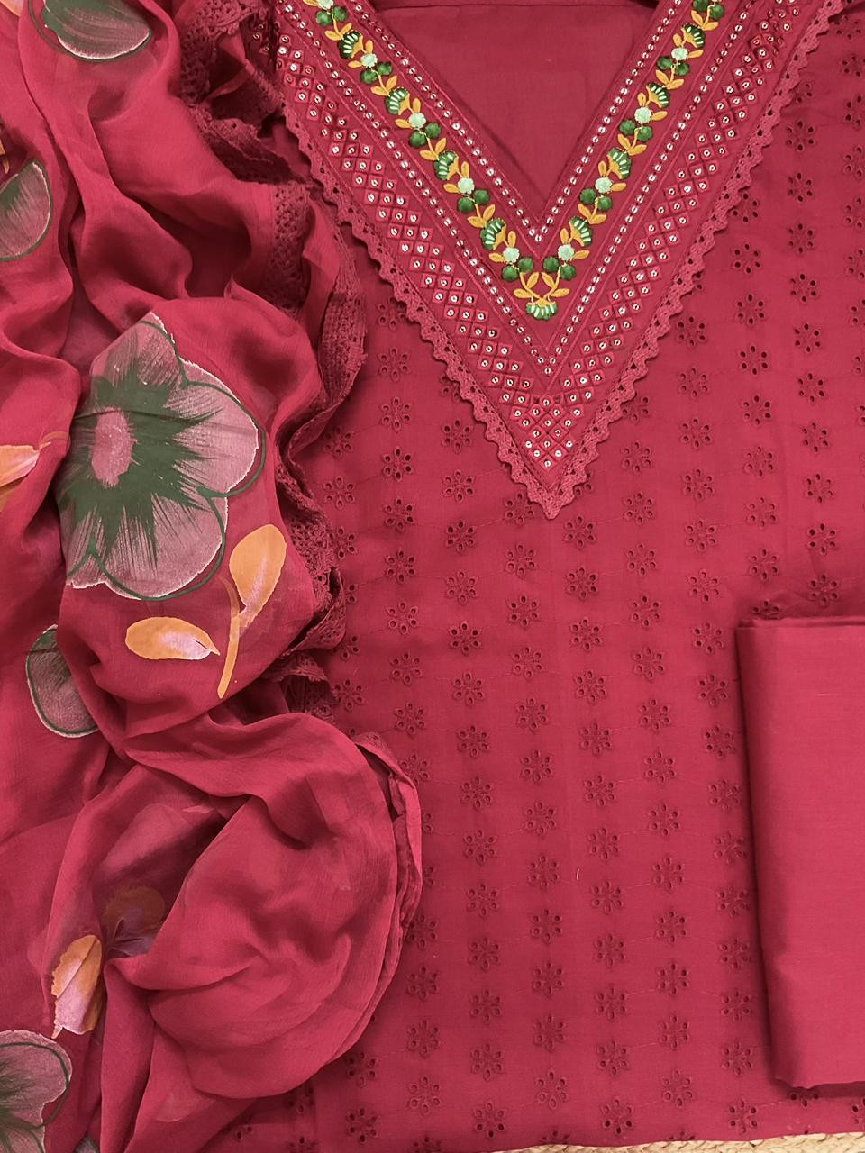 Soft Muslin Cotton Embroidered Brush Painted Suit - Maroon