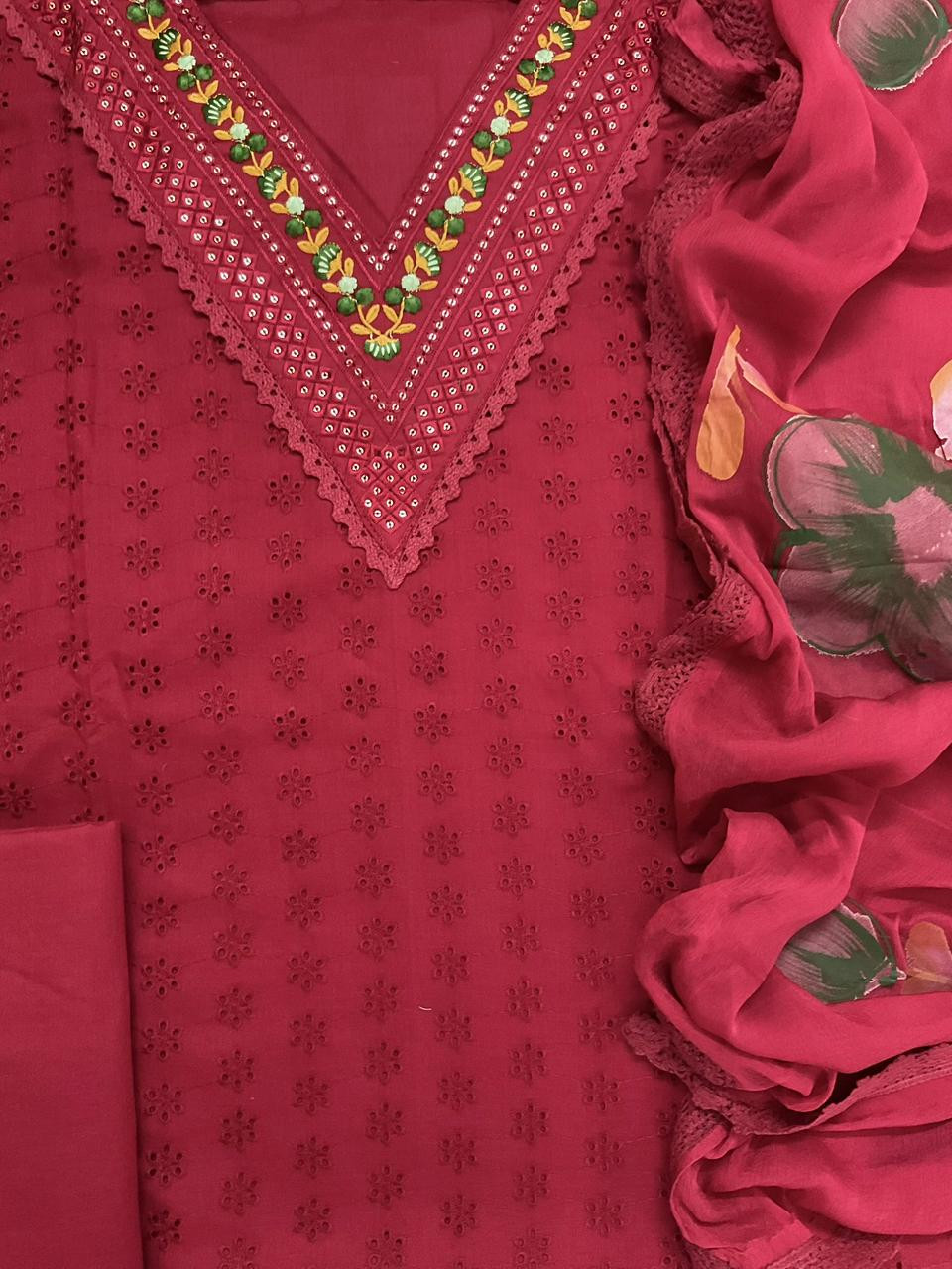 Soft Muslin Cotton Embroidered Brush Painted Suit - Maroon