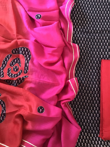 Image of Pure Chanderi Printed Embroidered Suit - Black