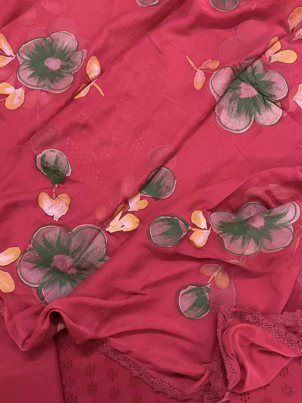 Soft Muslin Cotton Embroidered Brush Painted Suit - Maroon