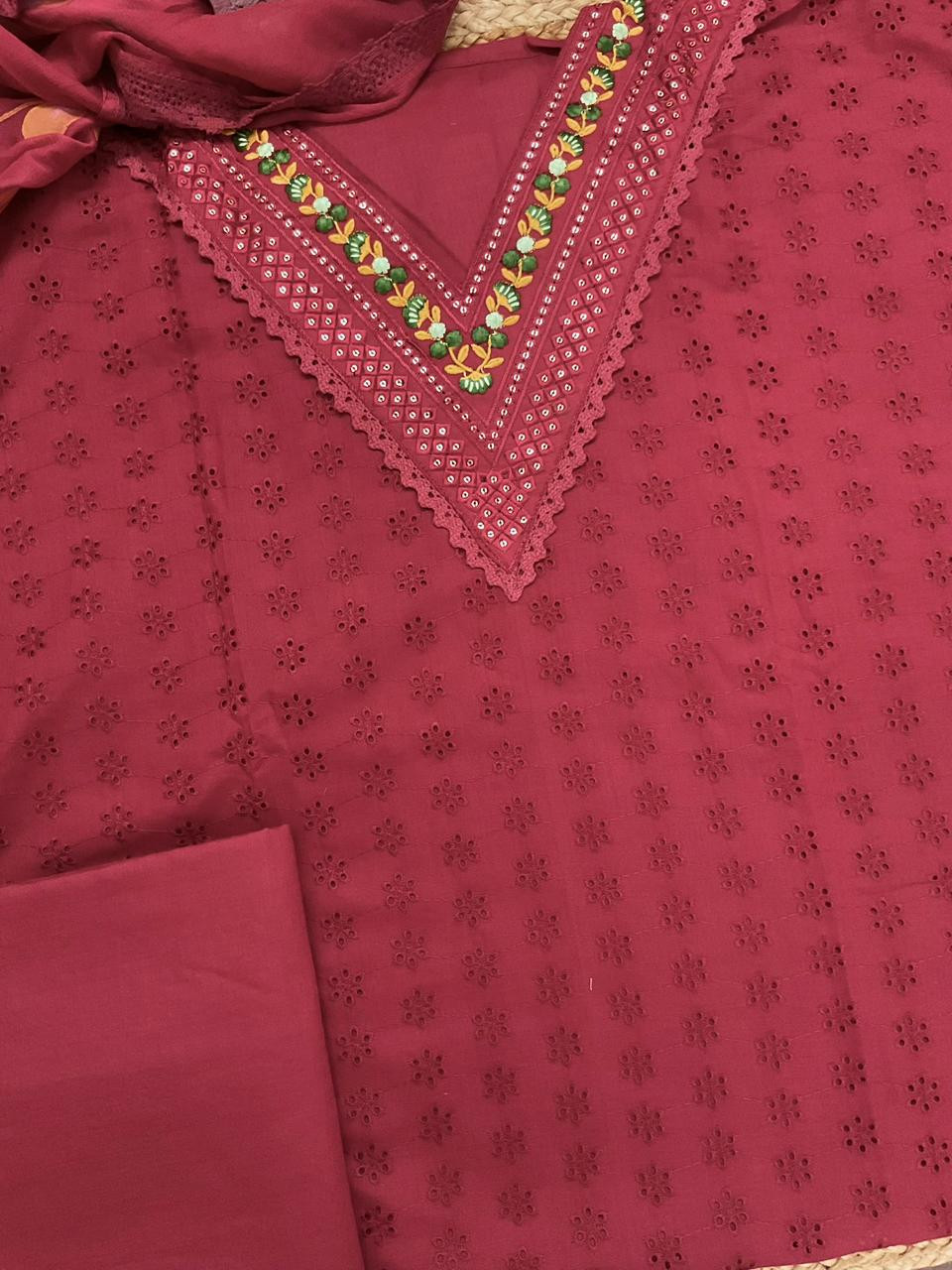 Soft Muslin Cotton Embroidered Brush Painted Suit - Maroon