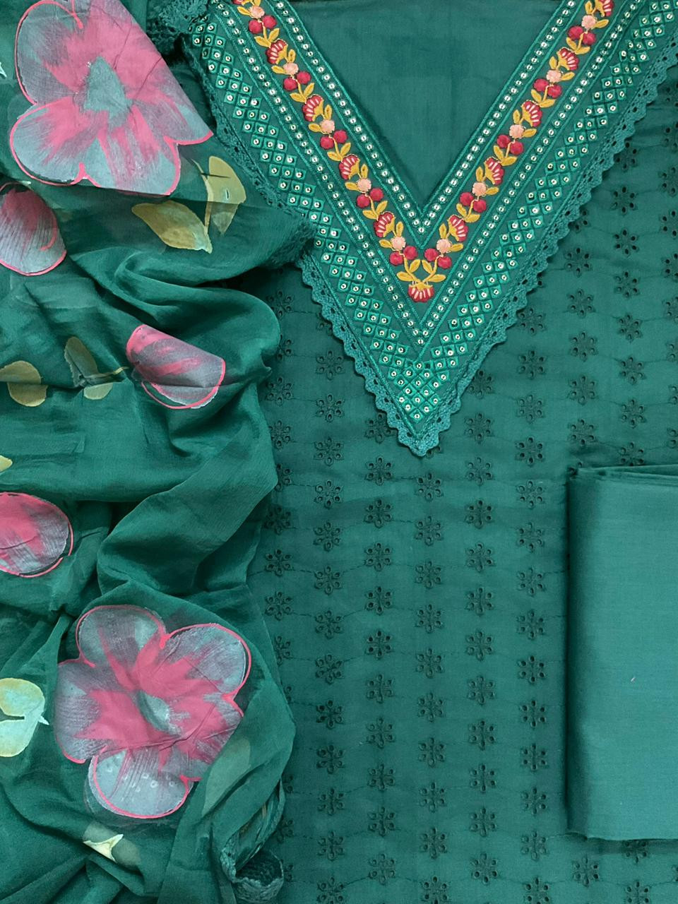 Soft Muslin Cotton Embroidered Brush Painted Suit - Green