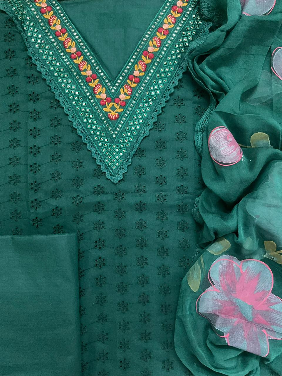 Soft Muslin Cotton Embroidered Brush Painted Suit - Green