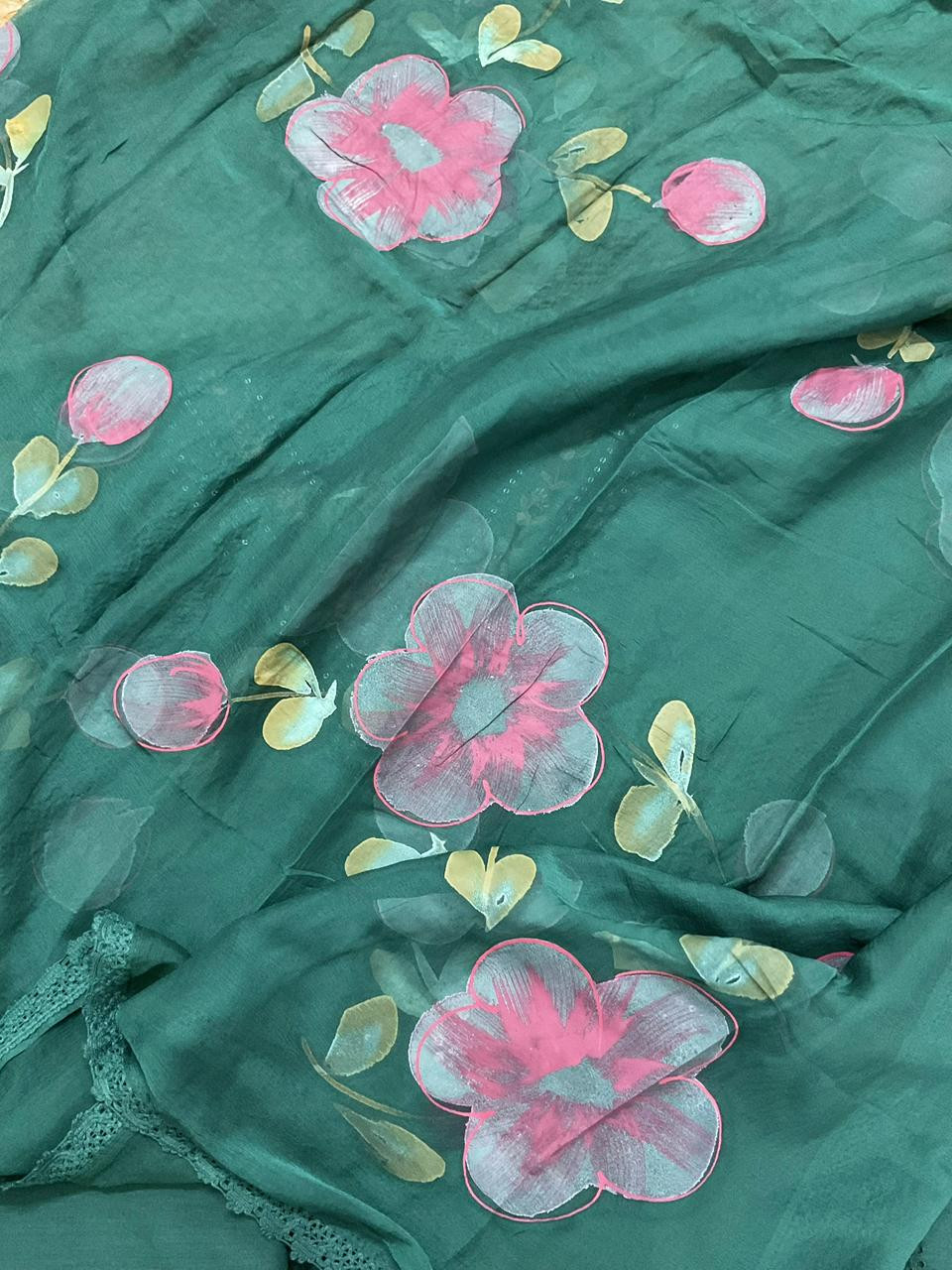 Soft Muslin Cotton Embroidered Brush Painted Suit - Green