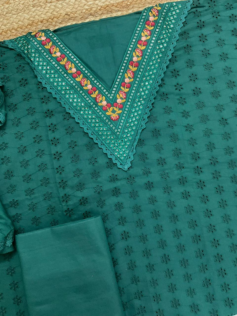 Soft Muslin Cotton Embroidered Brush Painted Suit - Green