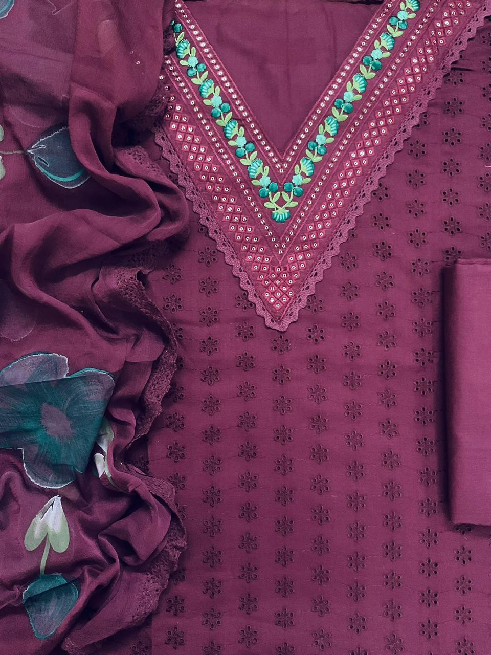 Soft Muslin Cotton Embroidered Brush Painted Suit - Wine