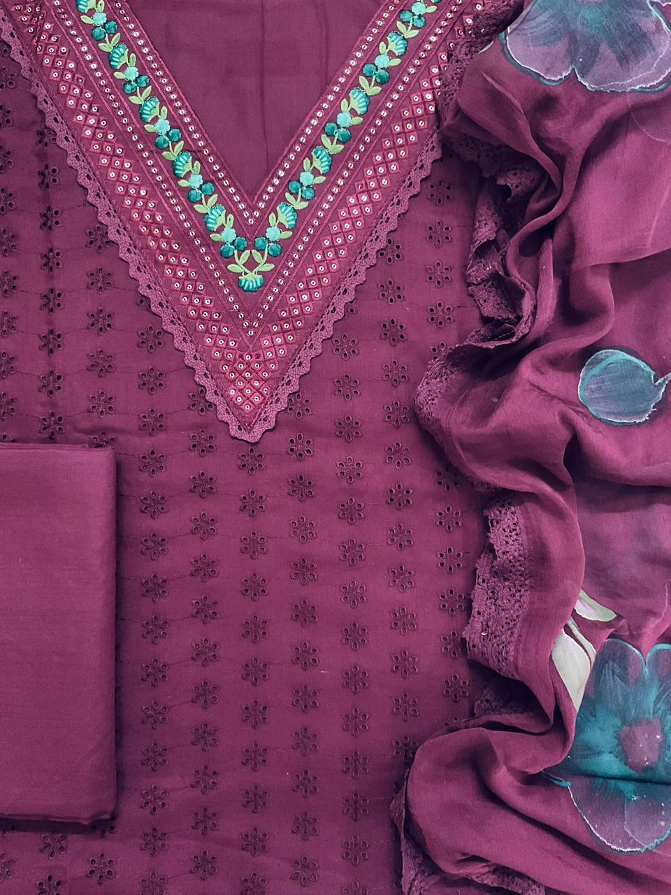 Soft Muslin Cotton Embroidered Brush Painted Suit - Wine