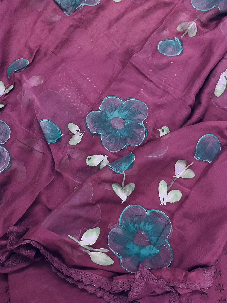 Soft Muslin Cotton Embroidered Brush Painted Suit - Wine