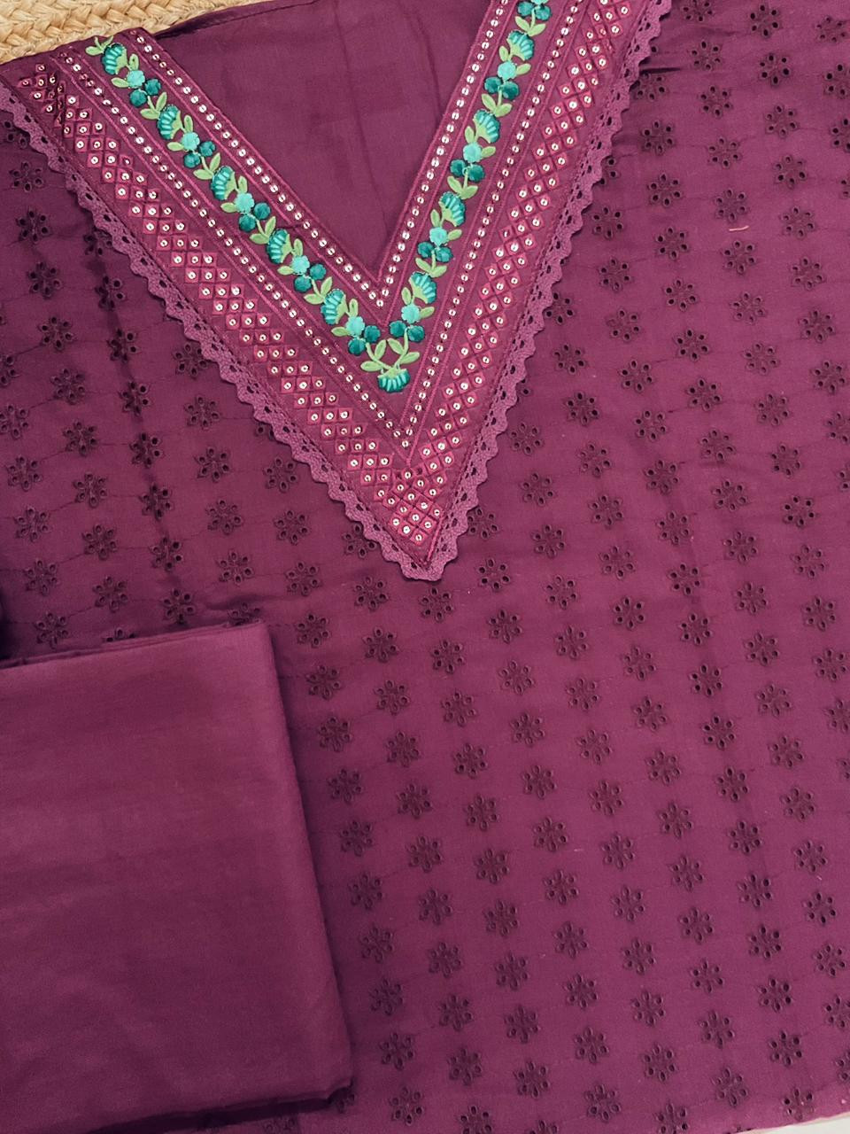 Soft Muslin Cotton Embroidered Brush Painted Suit - Wine