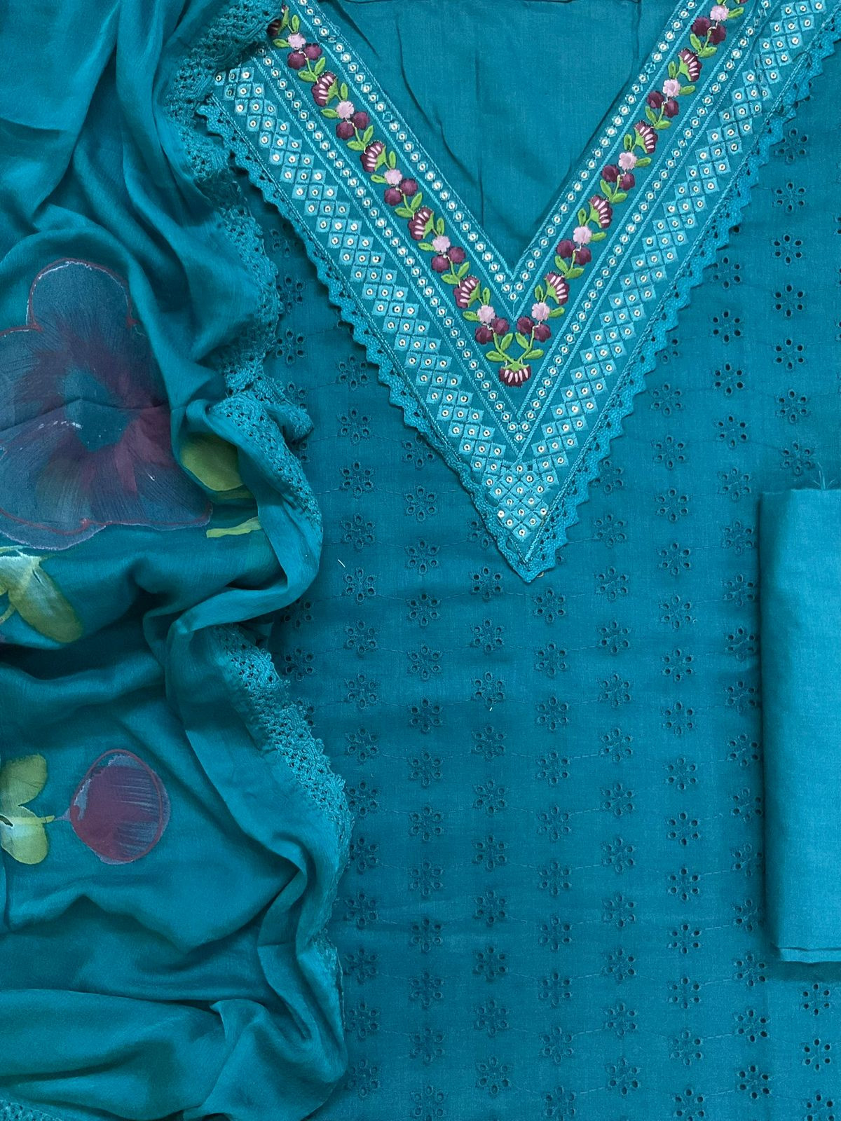 Soft Muslin Cotton Embroidered Brush Painted Suit - Blue