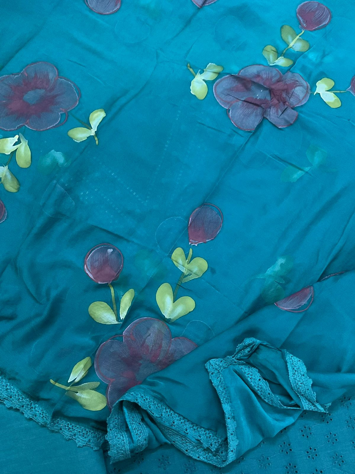 Soft Muslin Cotton Embroidered Brush Painted Suit - Blue