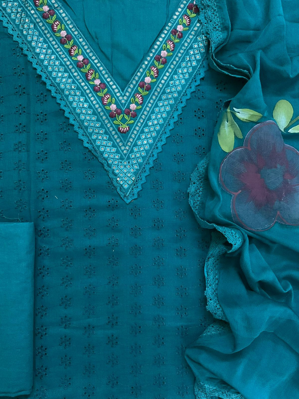 Soft Muslin Cotton Embroidered Brush Painted Suit - Blue