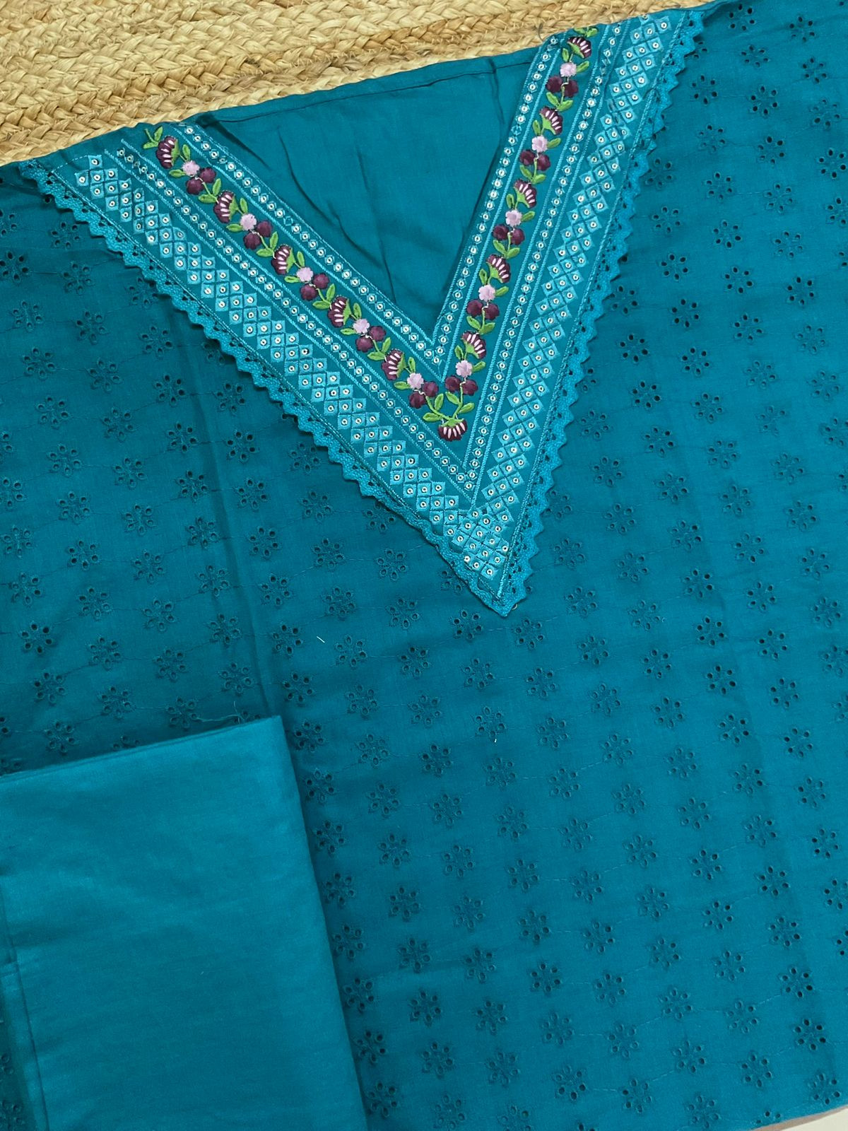 Soft Muslin Cotton Embroidered Brush Painted Suit - Blue