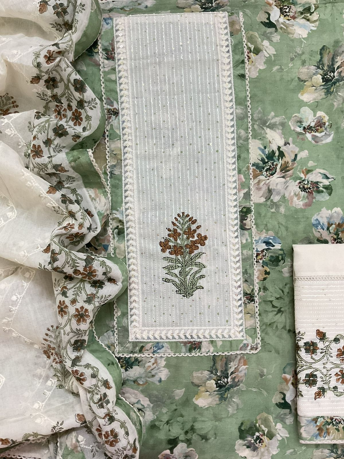 Pure Fine Cotton Silk Printed Embroidered Suit - Green