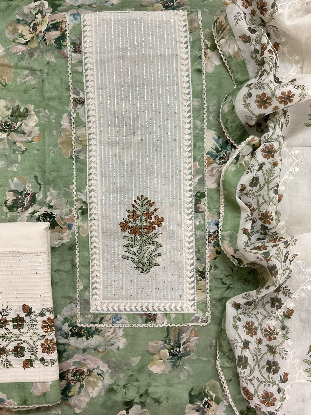 Pure Fine Cotton Silk Printed Embroidered Suit - Green