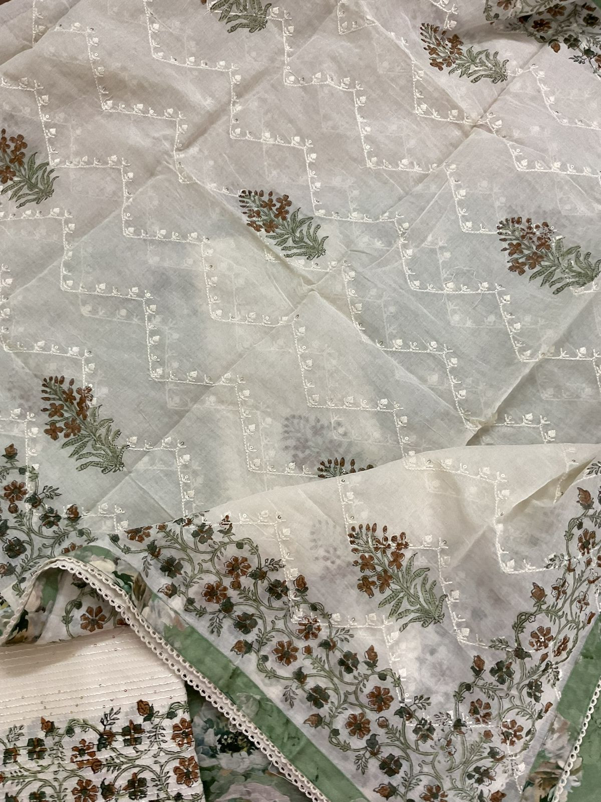 Pure Fine Cotton Silk Printed Embroidered Suit - Green