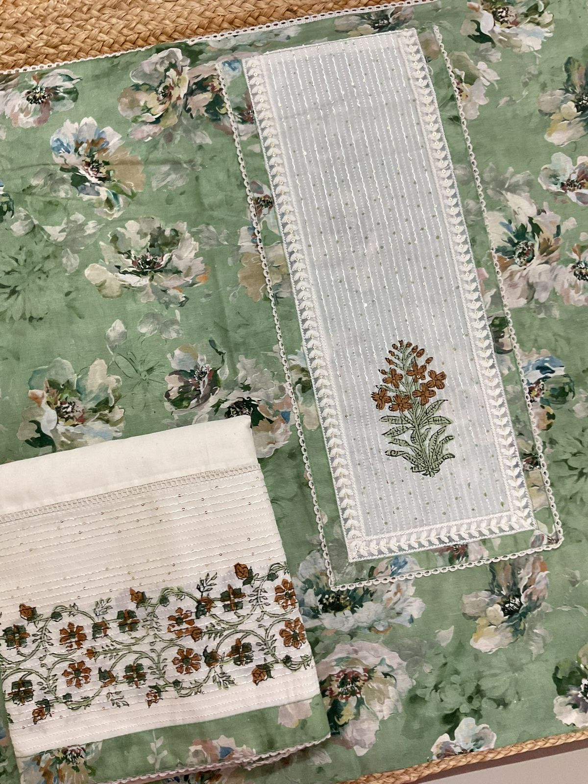 Pure Fine Cotton Silk Printed Embroidered Suit - Green