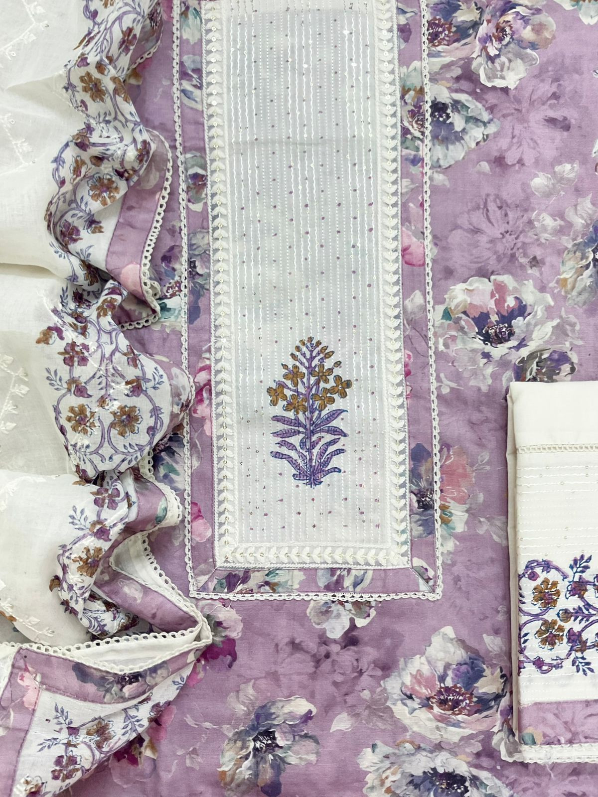 Pure Fine Cotton Silk Printed Embroidered Suit - Purple