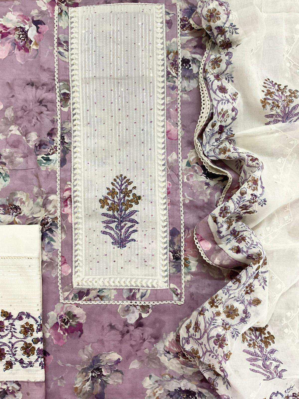 Pure Fine Cotton Silk Printed Embroidered Suit - Purple