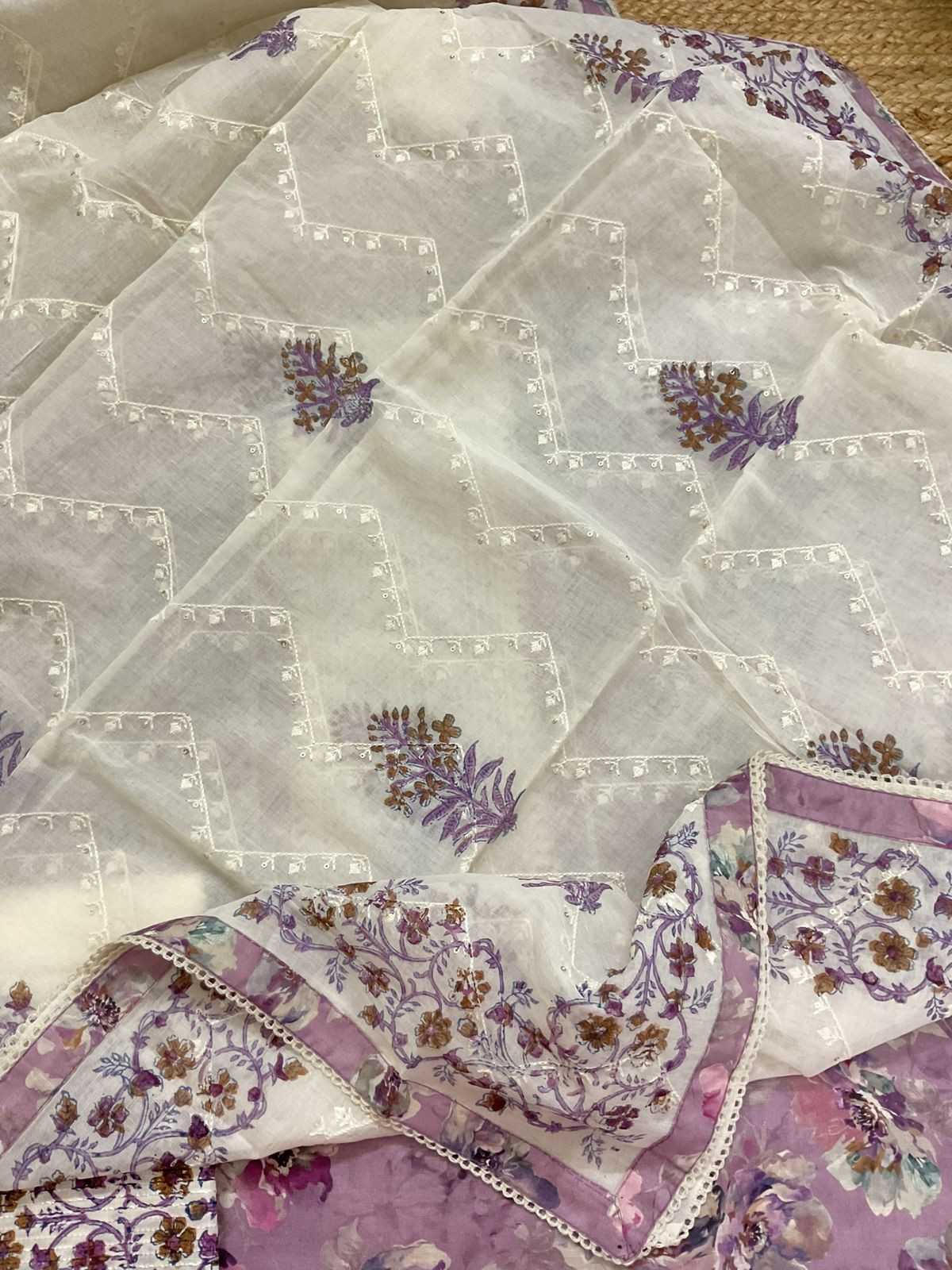 Pure Fine Cotton Silk Printed Embroidered Suit - Purple