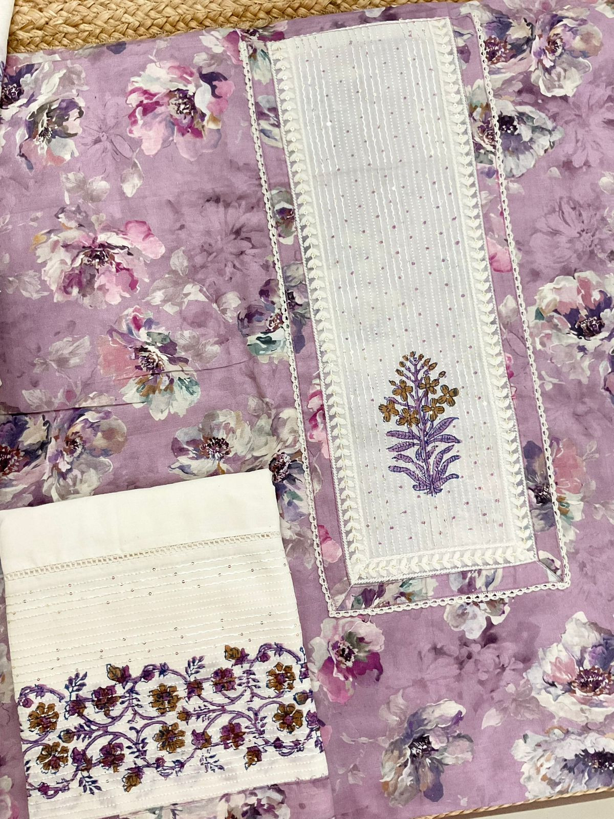 Pure Fine Cotton Silk Printed Embroidered Suit - Purple