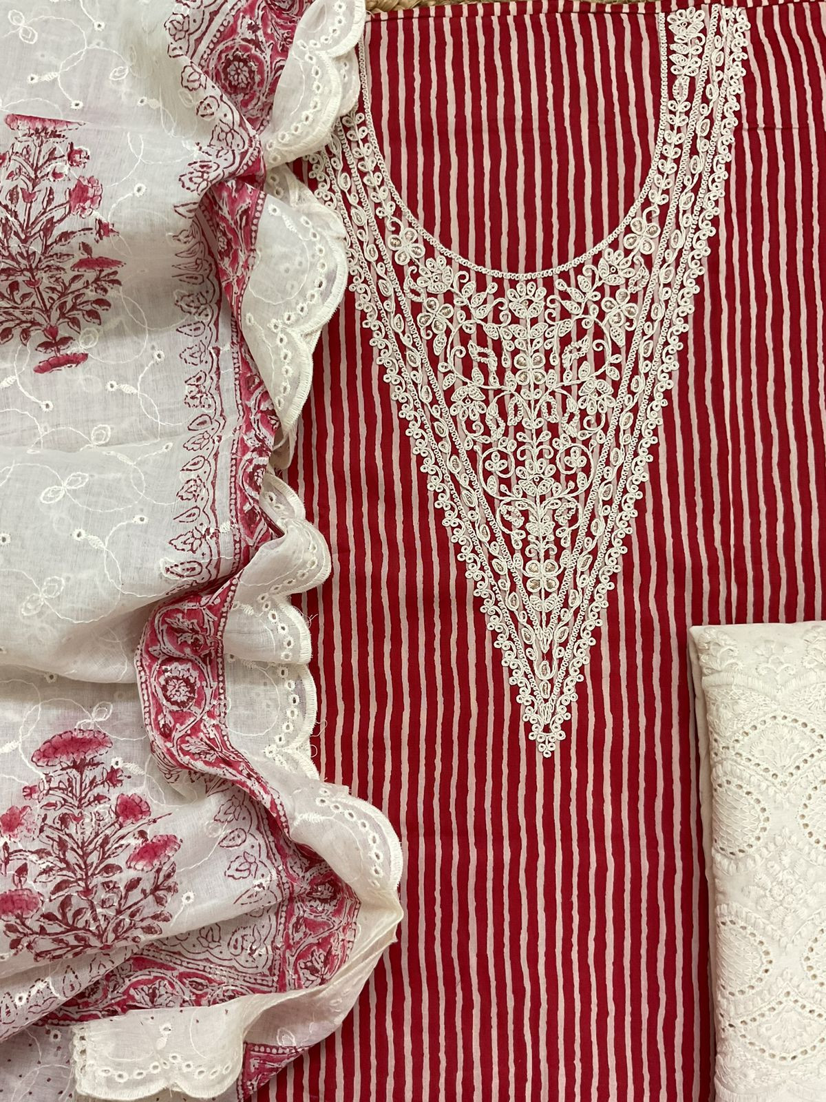 Pure Cotton Printed Embroidered Suit - Red