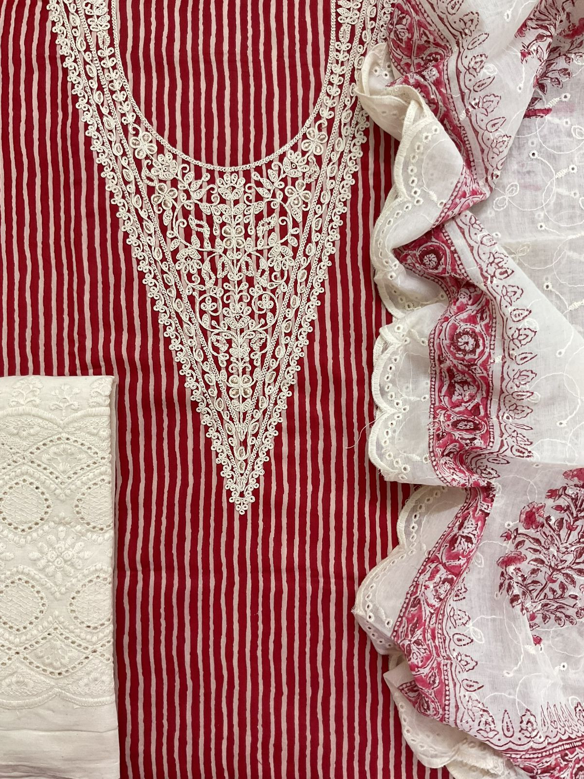 Pure Cotton Printed Embroidered Suit - Red