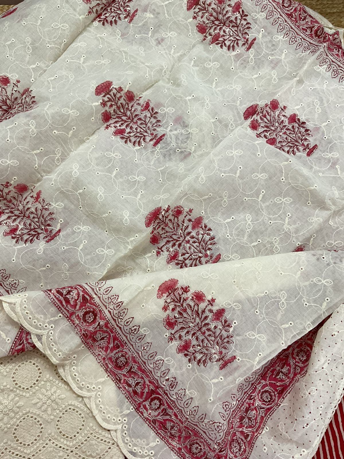 Pure Cotton Printed Embroidered Suit - Red