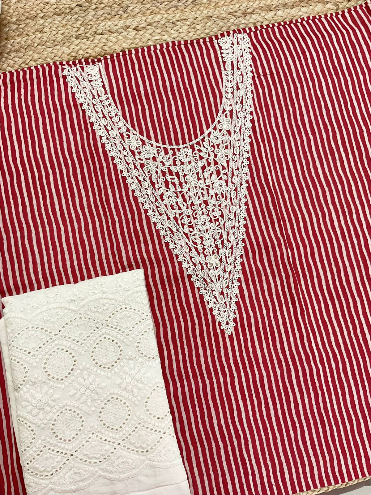 Pure Cotton Printed Embroidered Suit - Red