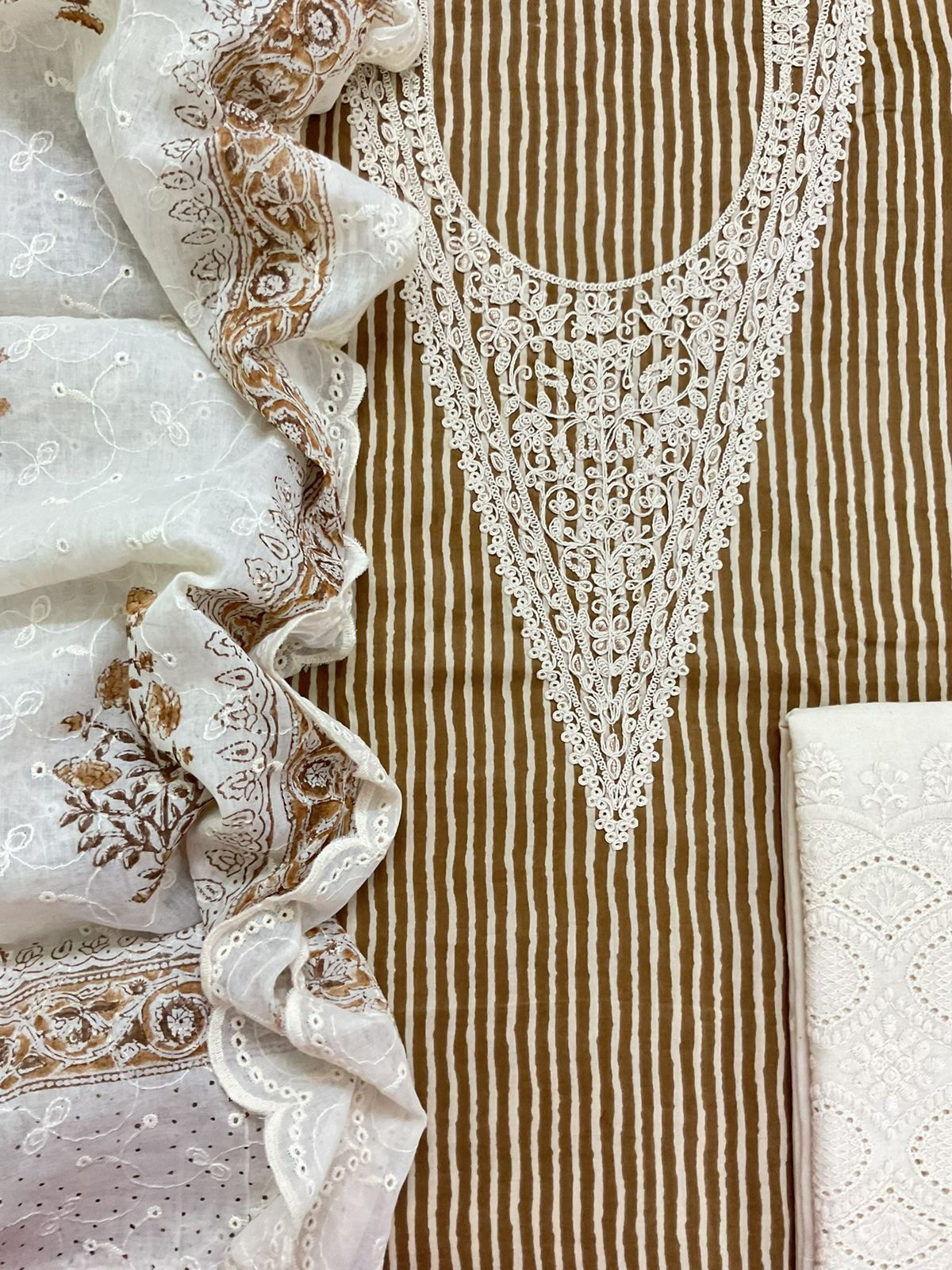 Pure Cotton Printed Embroidered Suit - Brown