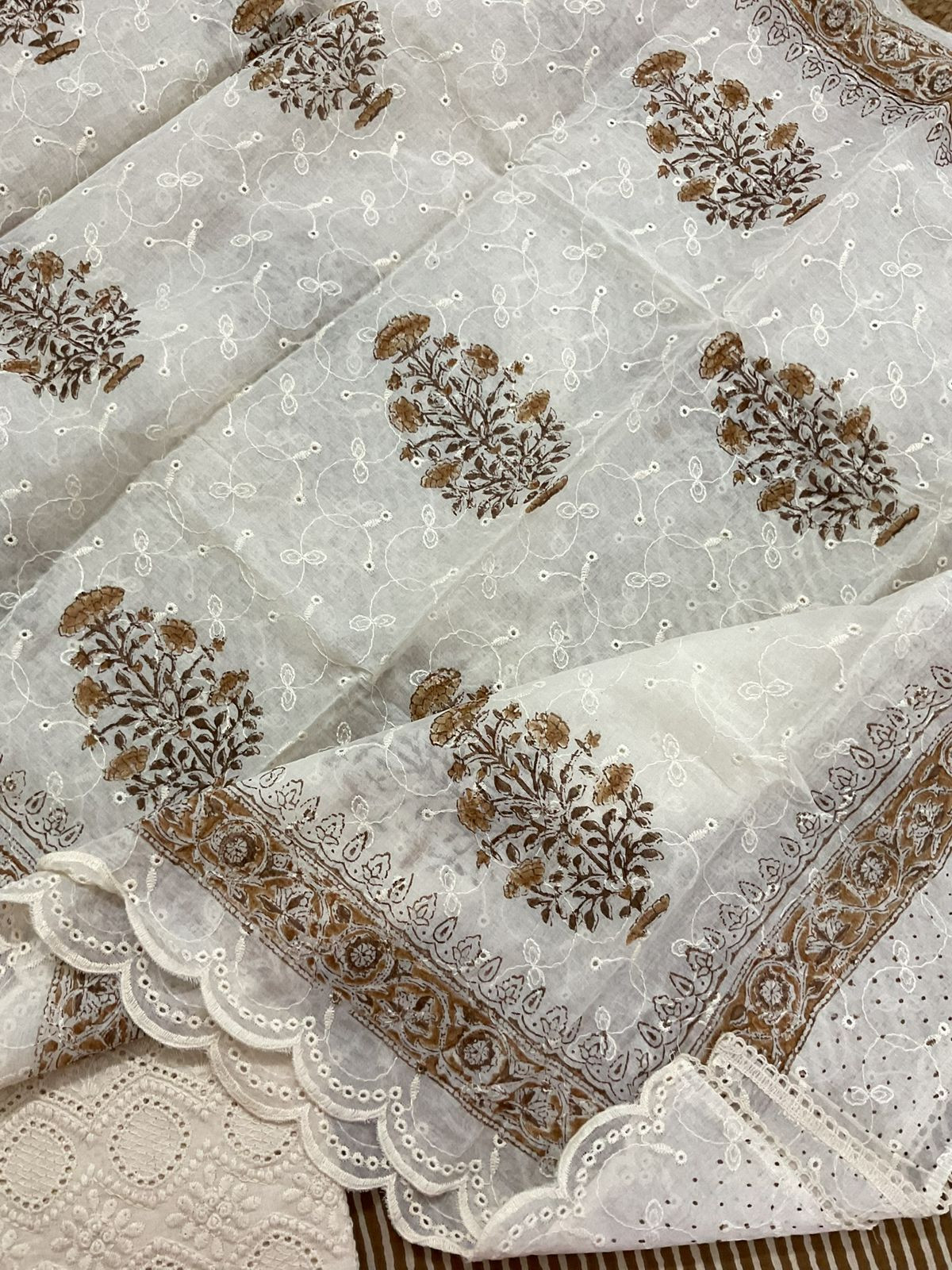 Pure Cotton Printed Embroidered Suit - Brown
