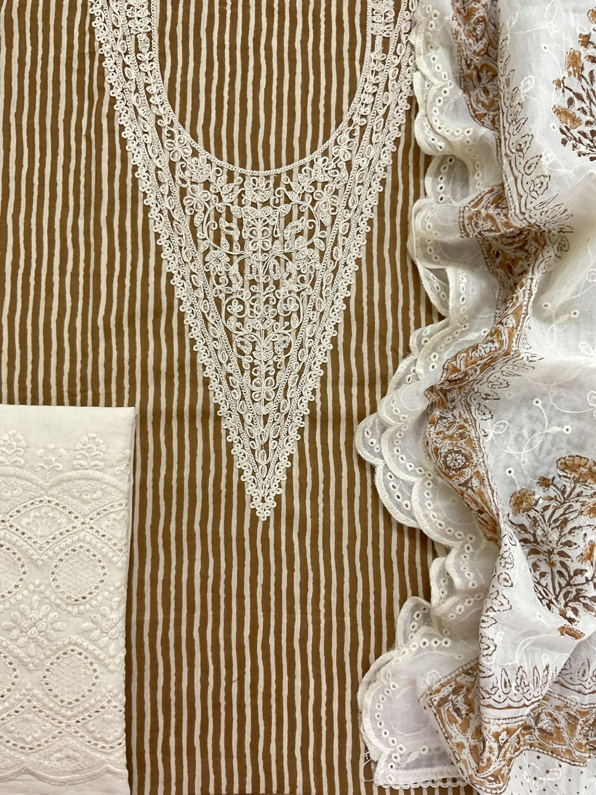 Pure Cotton Printed Embroidered Suit - Brown