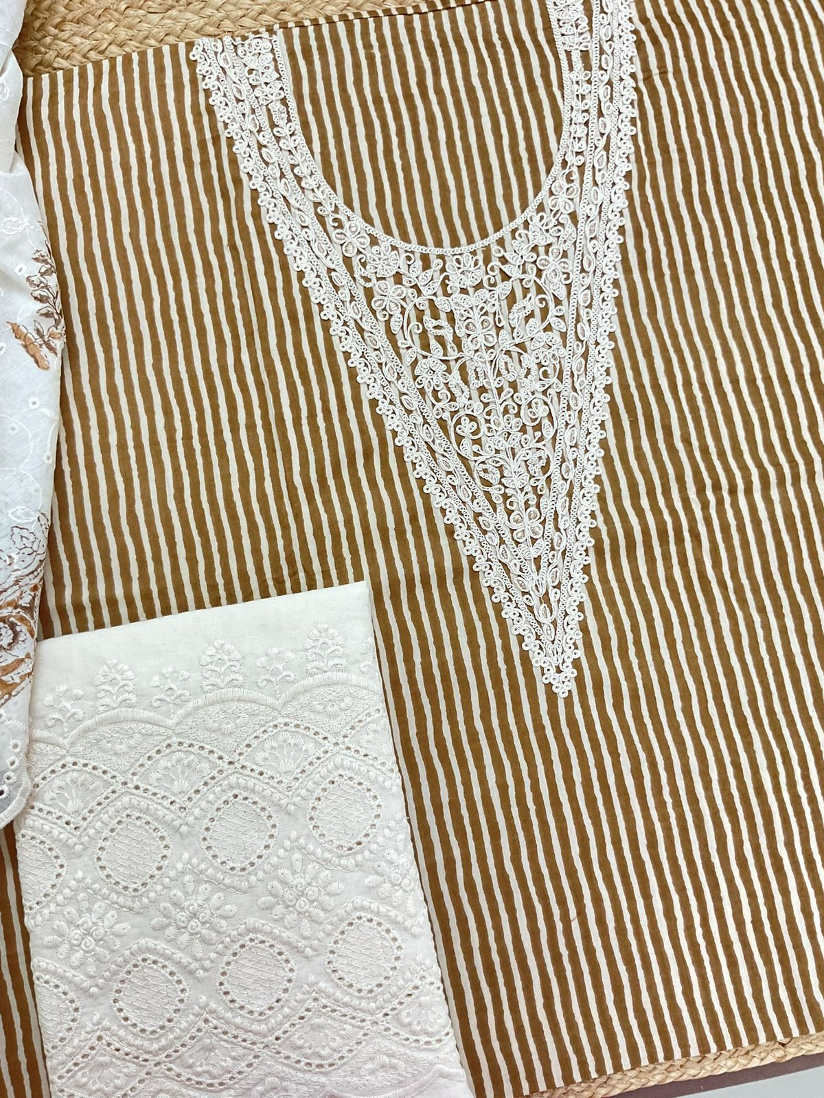 Pure Cotton Printed Embroidered Suit - Brown