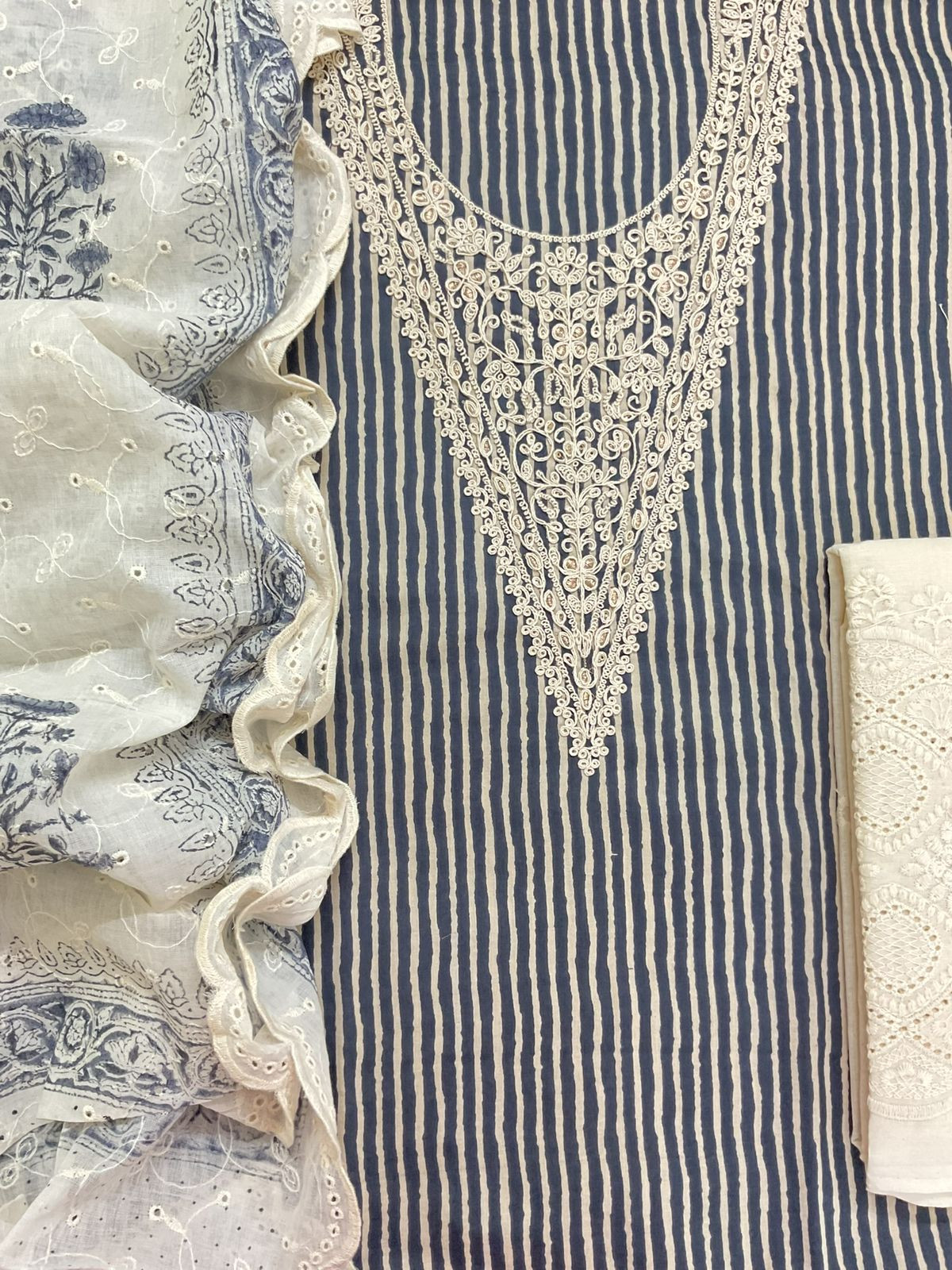 Pure Cotton Printed Embroidered Suit - Blue