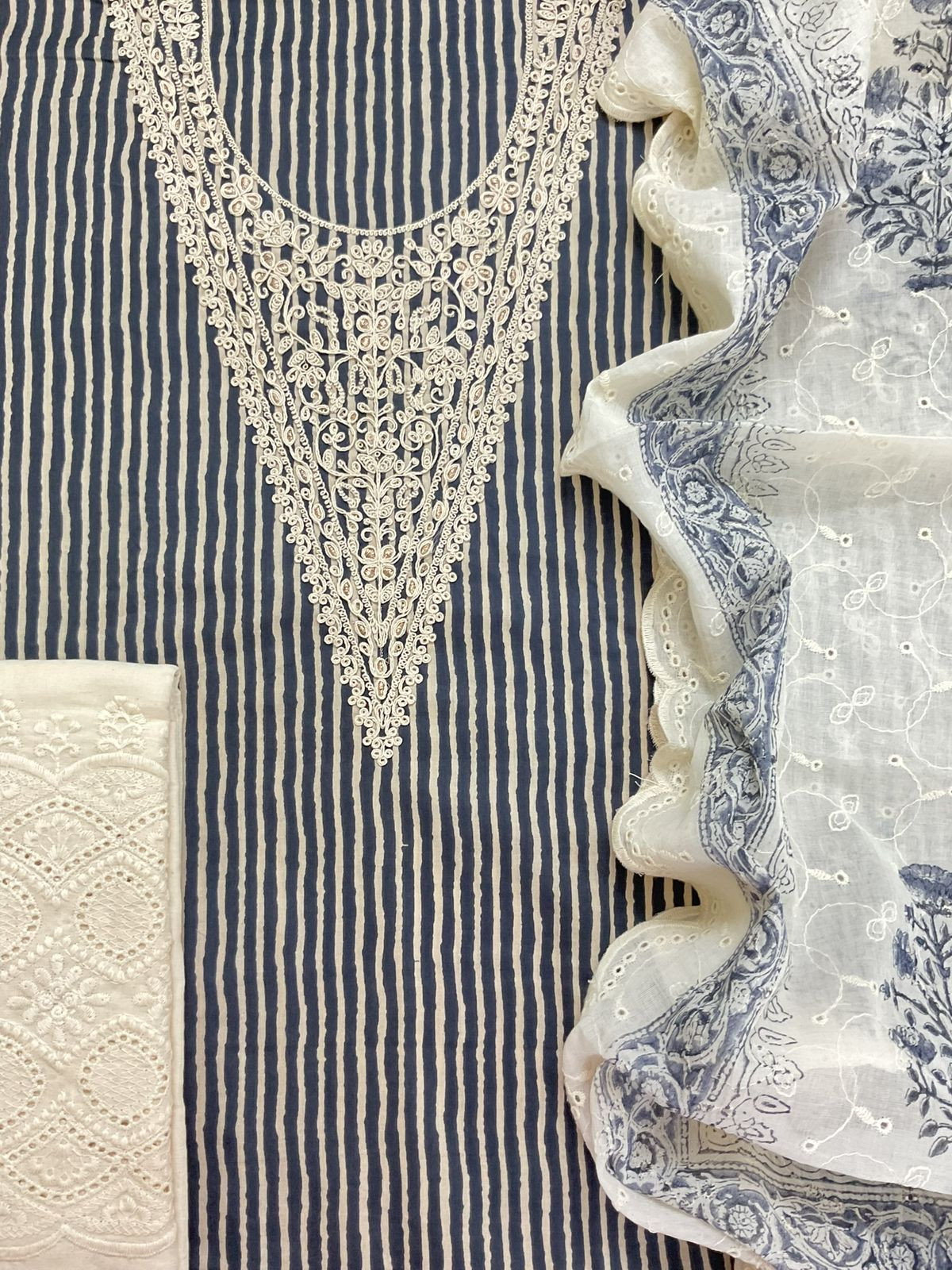 Pure Cotton Printed Embroidered Suit - Blue