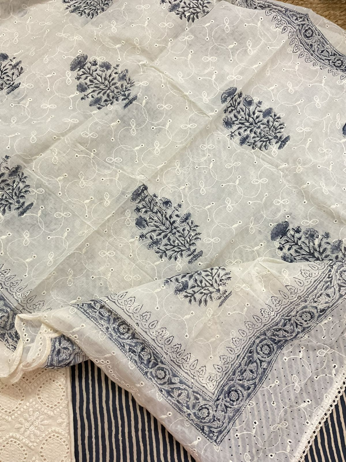 Pure Cotton Printed Embroidered Suit - Blue