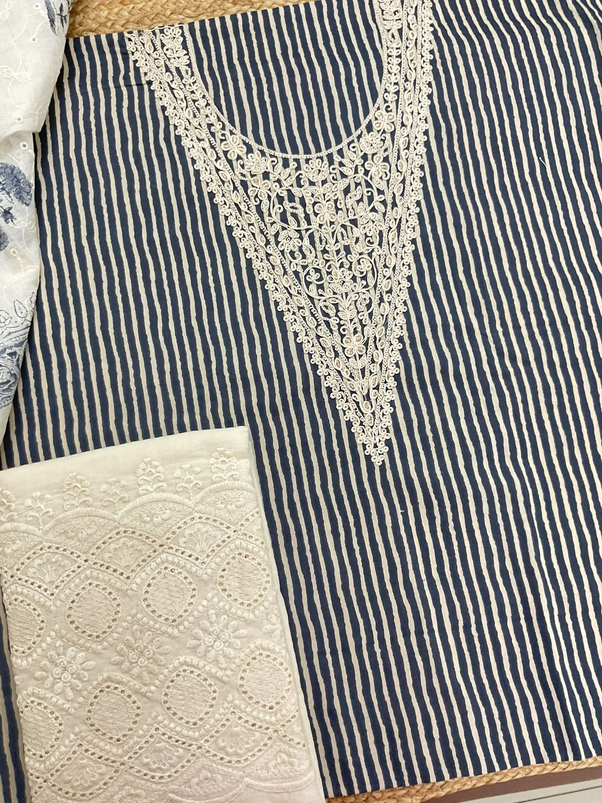 Pure Cotton Printed Embroidered Suit - Blue