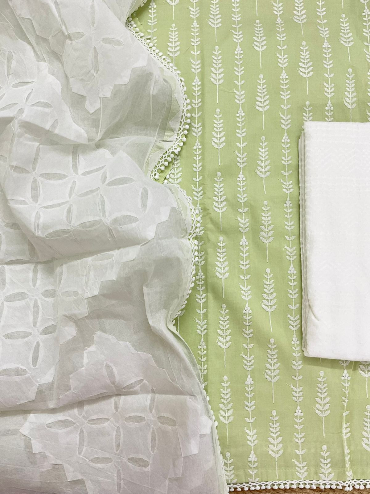 Pure Cotton Embroidered Suit - Green