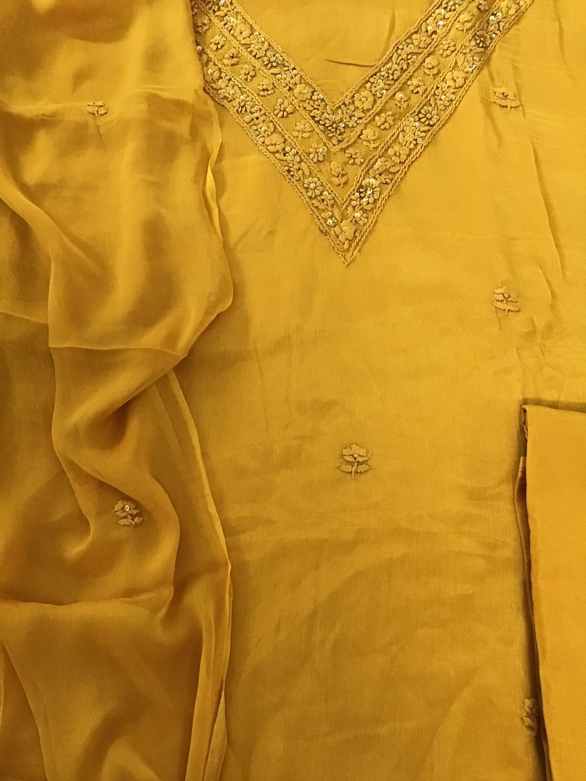 Pure Chinnon Silk Embroidered Suit - Yellow