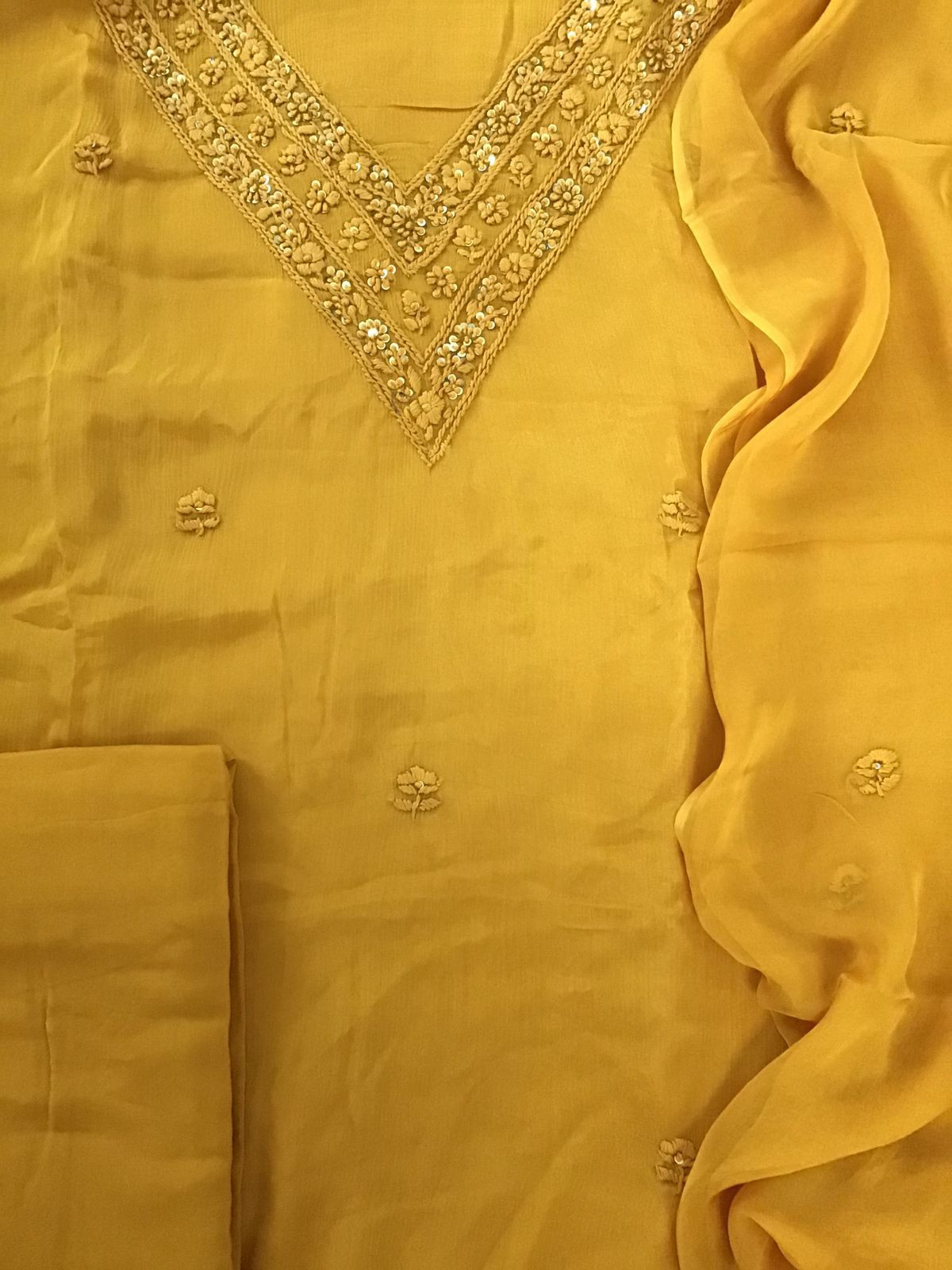 Pure Chinnon Silk Embroidered Suit - Yellow
