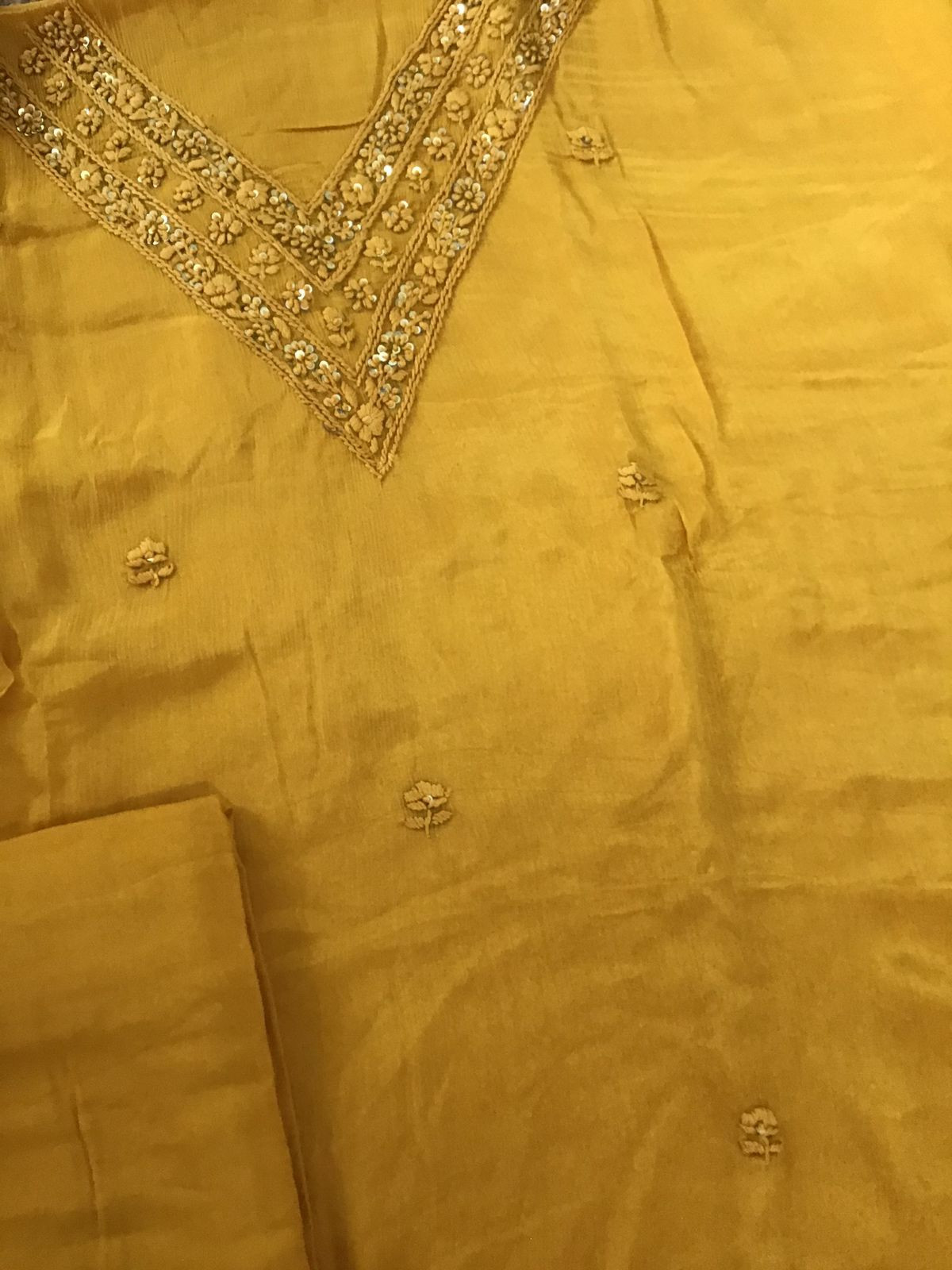 Pure Chinnon Silk Embroidered Suit - Yellow