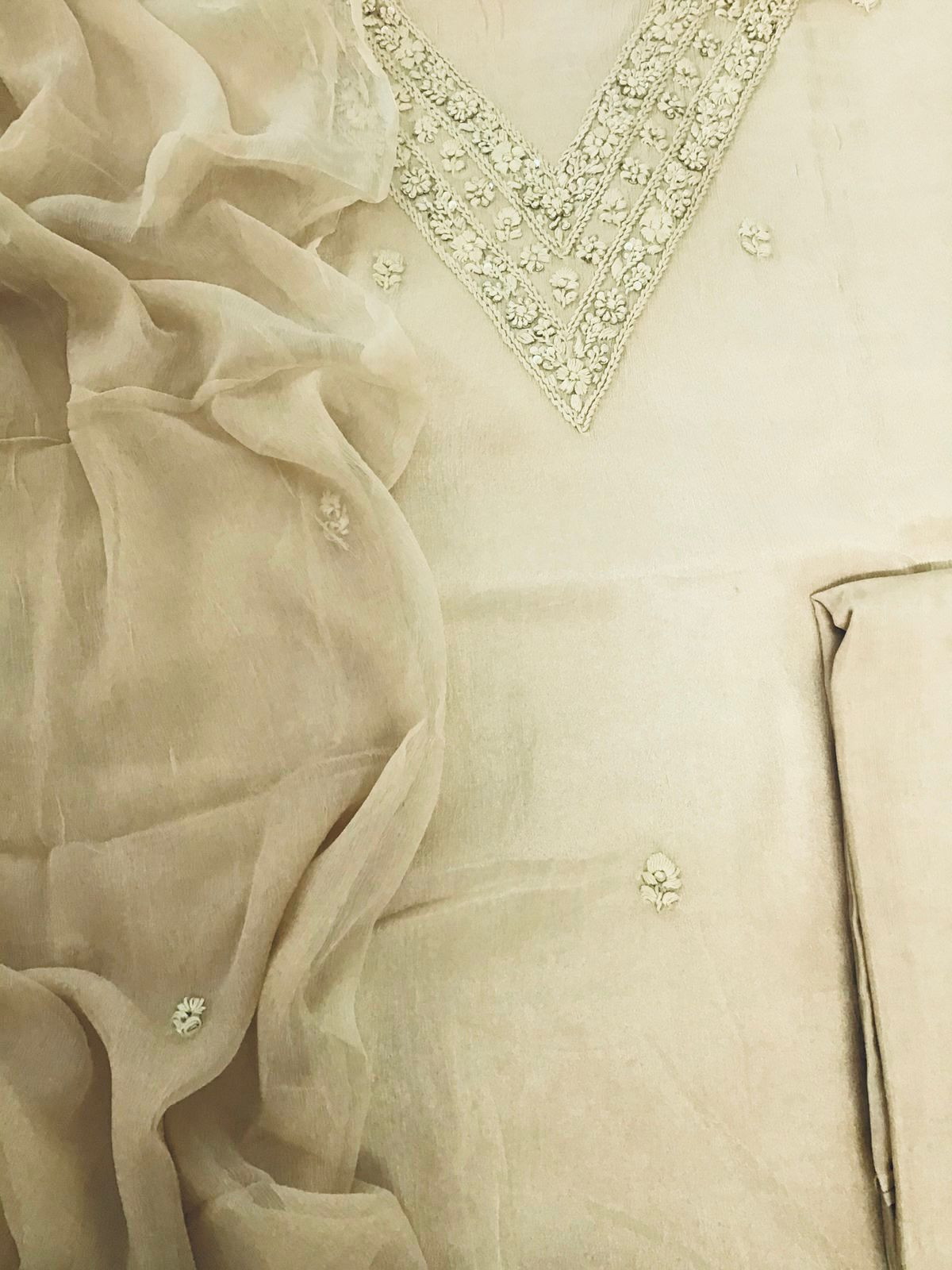 Pure Chinnon Silk Embroidered Suit - Beige