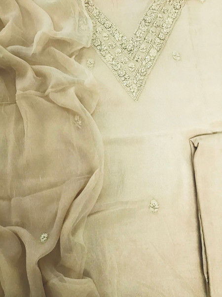 Image of Pure Chinnon Silk Embroidered Suit - Beige