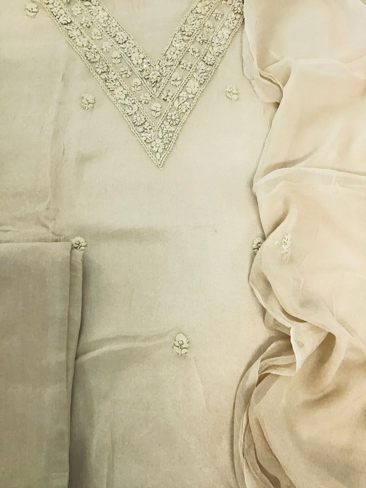 Pure Chinnon Silk Embroidered Suit - Beige
