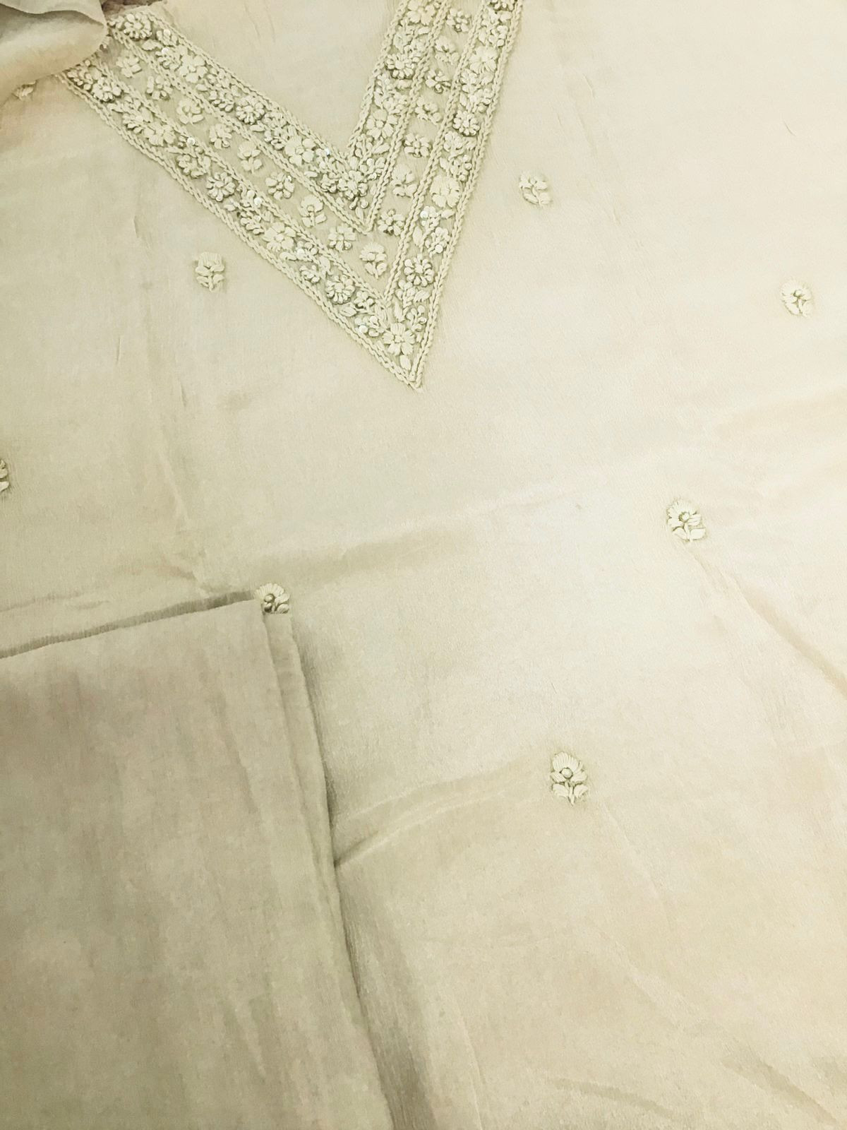 Pure Chinnon Silk Embroidered Suit - Beige