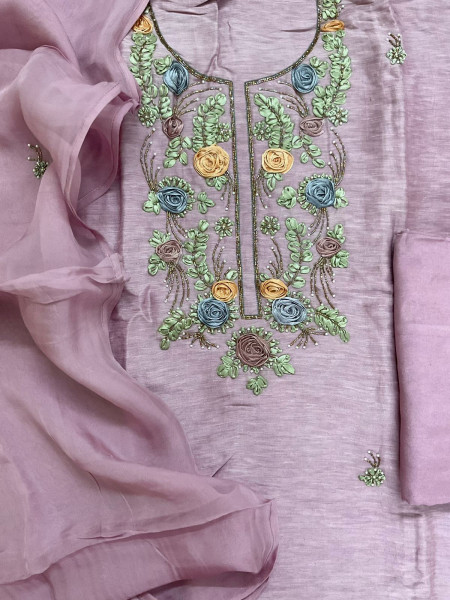 Image of Pure Linen Chanderi Embroidered Suit - Lavender