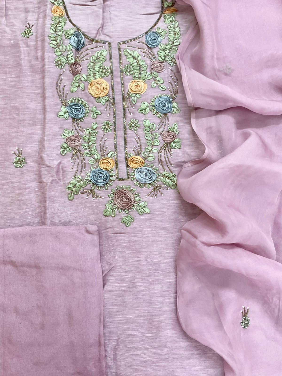 Pure Linen Chanderi Embroidered Suit - Lavender
