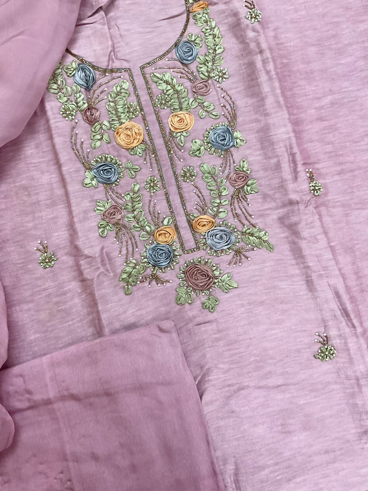 Pure Linen Chanderi Embroidered Suit - Lavender